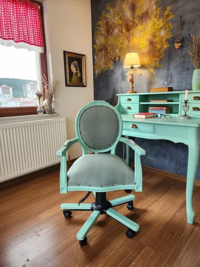 Yeşil Kadife Kumaş Kaplama Dönerli Sandalye